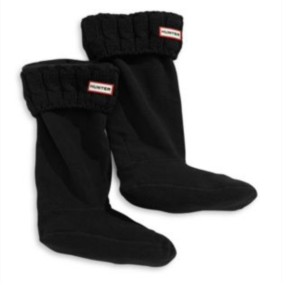 Hunter Black Fleece Boot Socks Size Large Womens Cableknit Fold Down Top - Picture 1 of 8